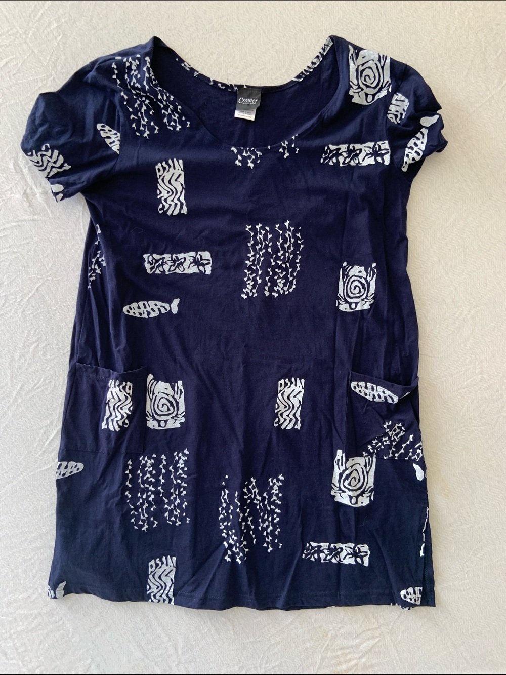 Resort Navy and White Printed Short-Sleeve Midi Dress